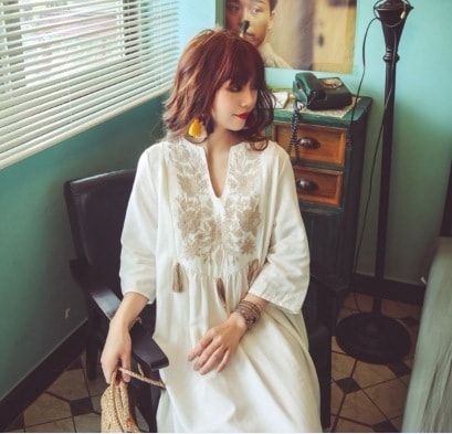 個性的ワンピース スカート ワンピース フレアワンピース 膝下 ロング ロング丈 マキシ マキシ丈 袖あり 7分袖 襟なし 薄手 かわいい 可愛い カジュアル おしゃれ お洒落 アジアン