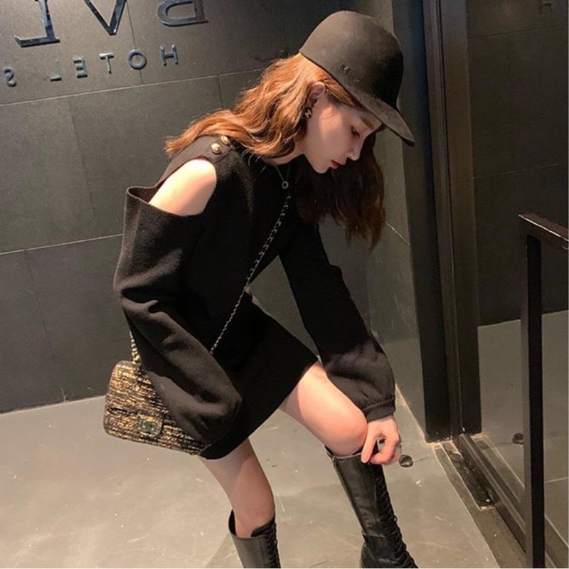 韓国デザイン感　上品大人気肩出しニットワンピース