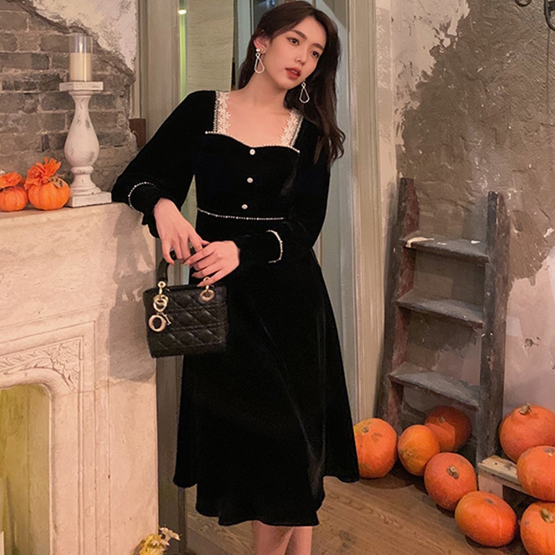 【送料無料】レディース スクエア レース ベルベット ロング ワンピース ドレス フォーマル お呼ばれ パーティー 大きいサイズ 大人可愛い ママコーデ ママファッション 韓国系 オルチャン