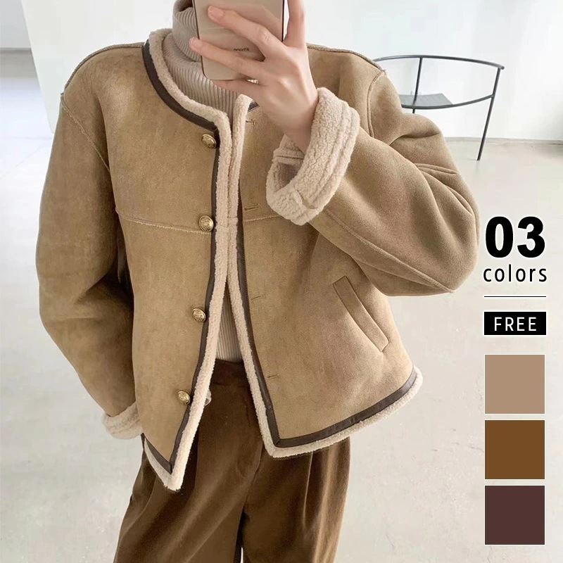 [ 即日発送]ムートン ボア ジャケット 金ボタン ノーカラージャケット フェイクムートン レディース ムートンジャケット スエード 裏ボア アウター ノーカラー ブルゾン 暖かい ミドル丈 長袖 ボ