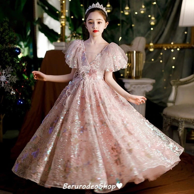子供ドレス ロングドレス ピンク ピアノ発表会ドレス スパンコール キラキラ 素敵 キレイめ 演奏会ドレス 女児ドレス 女の子 キッズドレス フォーマル 演出服 90 100 110 120 130