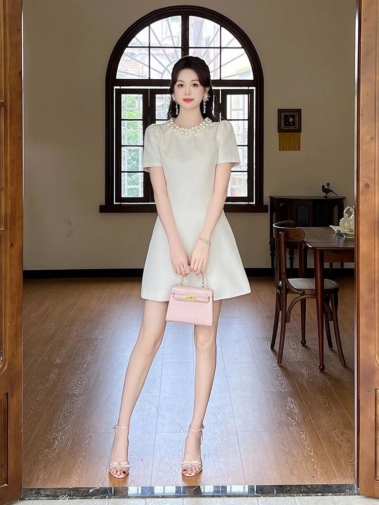 【JY.上品】 2025夏新品 パール飾り Aライン ショートワンピース ドレス パーティードレス大人 同窓会 披露宴 卒業式 結婚式 演奏会 ウェディング 二次会 メガ割