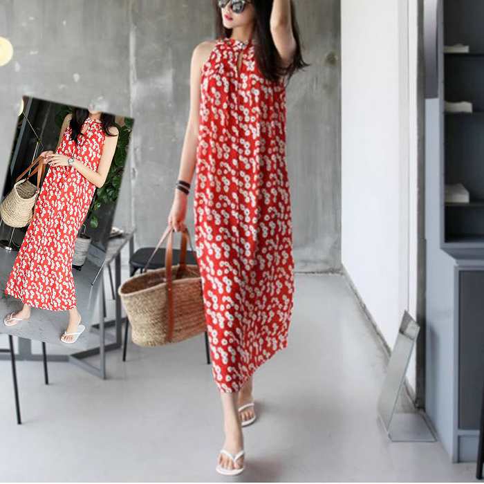 新品登場 プリントワンピース コットンワンピース ホルダーネック ミモレ丈ワンピース ノースリーブ レッド系ひざ下丈 大人スタイル クリックポストで