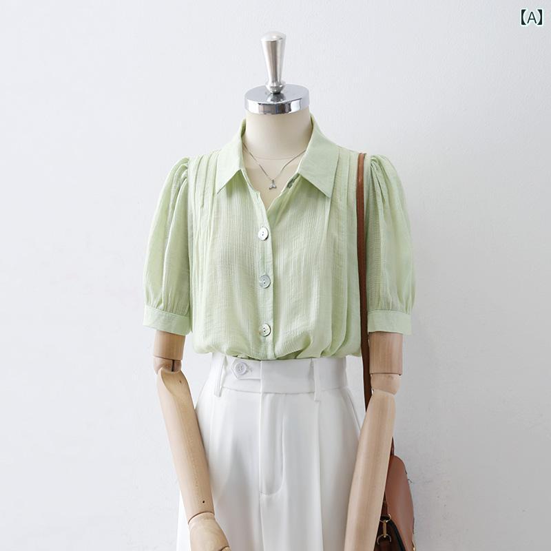 レディース シャツ ブラウス 半袖 五分袖 夏 シャツ襟 緑 白 青 プリーツ パフスリーブ シングルブレスト おしゃれシェルボタン エレガント スタイリッシュ ナチュラル フェミニン 軽量 快適