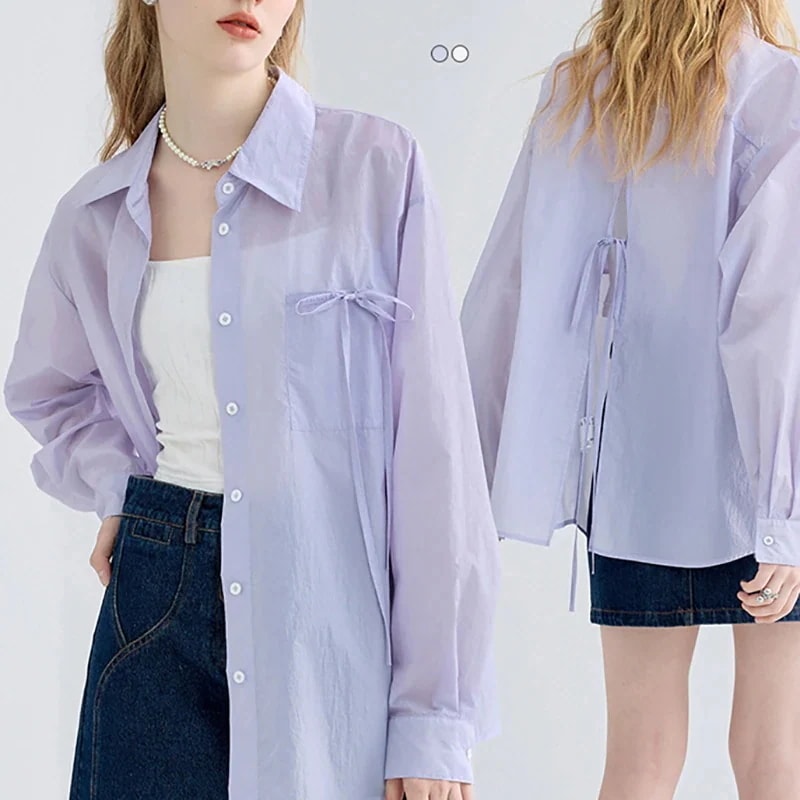 シャツ UVカット バックスリット リボンブラウス レディース 紫外線対策 リボンシャツ 紫 羽織