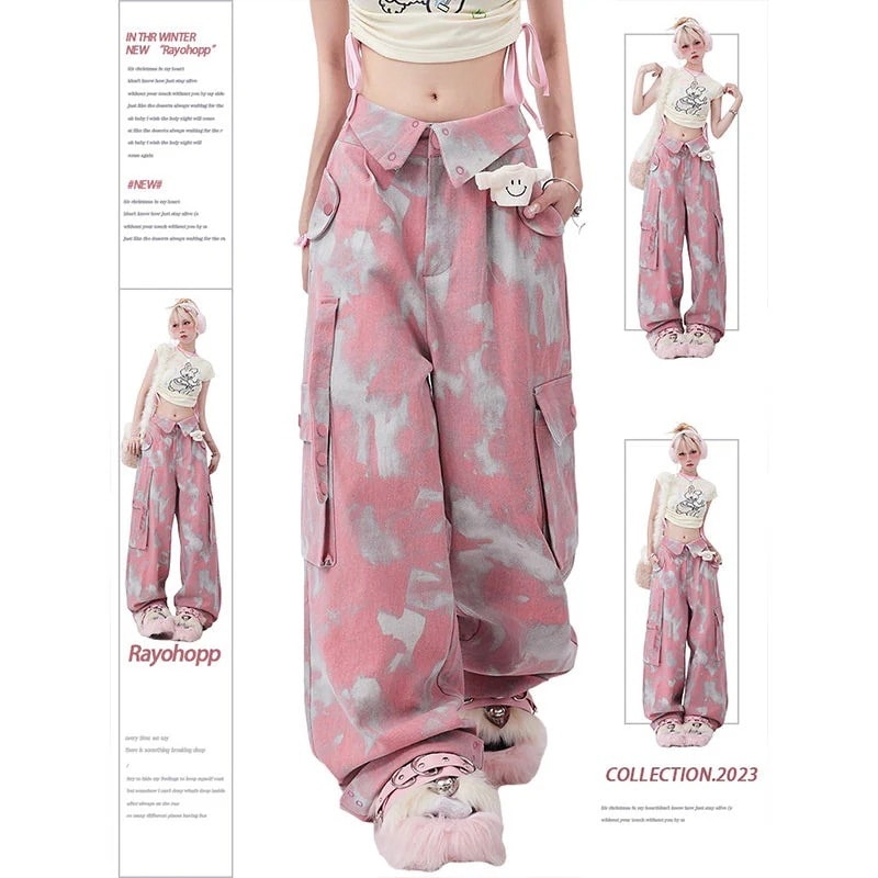 韓国ファッションピンクカジュアルハイウエスト着痩せゆったり米カーゴパンツレギュラー丈パンツ快適モッピングパンツ
