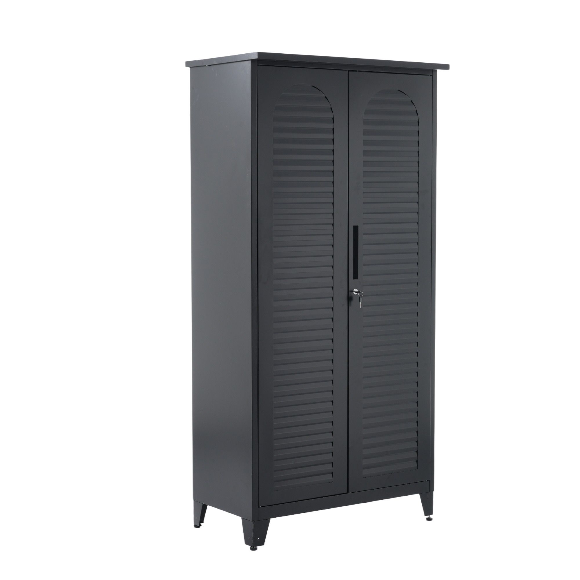 【国内発送】136【ブラック】物置 収納庫 屋外 大型 倉庫 室外収納庫 屋外収納キャビネット 両開きドア 物置き台 収納ボード付き・収納ポール・タオル掛け付き・鍵付き・ 掃除用具ロッカー 高さ185