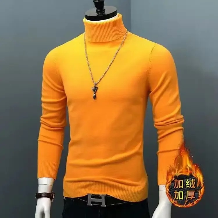 男性用の厚くて丈夫なタートルネックセーター,クラシックなブランドのカジュアルフィットセーター,暖かい,冬,L05 yellow thick 3XL 88kg-100kg