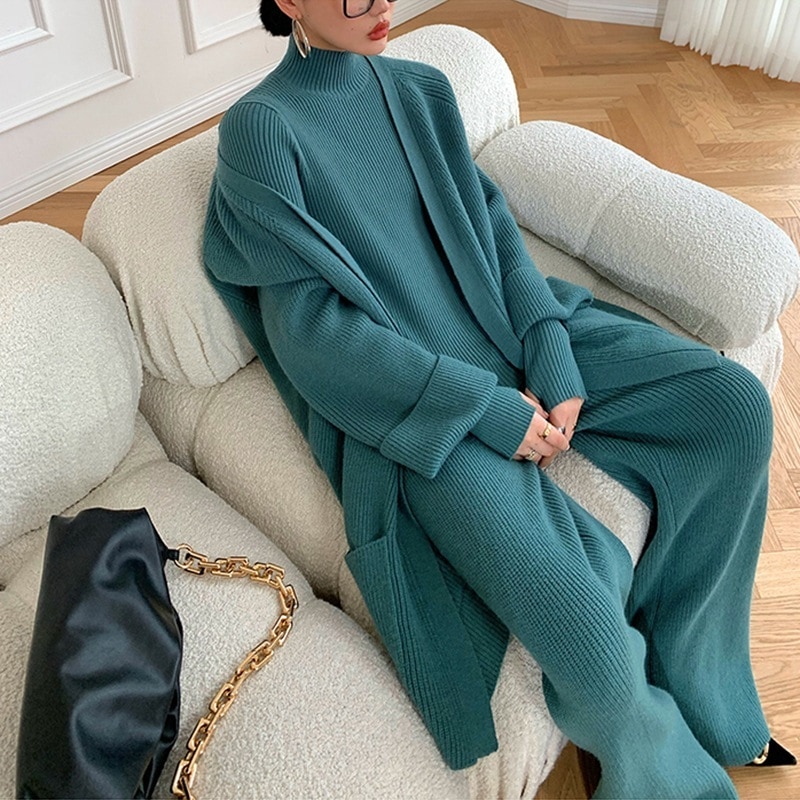 三点セット　韓国ファッション　ニットセット　ワイドパンツ　カーディガン　レディース　厚手　セーター