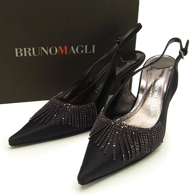 パンプス シューズ 靴 ポインテッドトゥ 34ハーフ ブラックラインストーン ブラック 中古