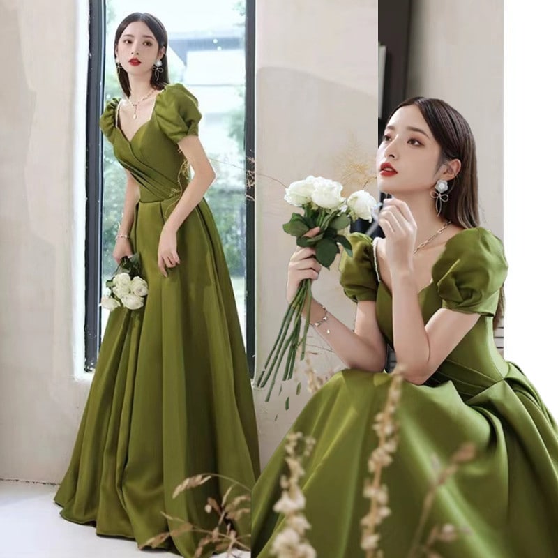 韓国ファッション フレンチサテン半袖カラートレーンラインドレス 結婚式 花嫁 ウェディングドレス 二次会 パーティードレス パーティードレス ステージ 発表会 大きいサイズ