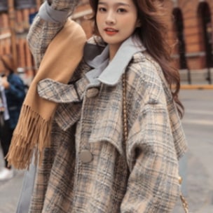 チェック柄コート フェイクウール トップス スイート ミドル丈 袖あり 長袖 襟付き ワイド