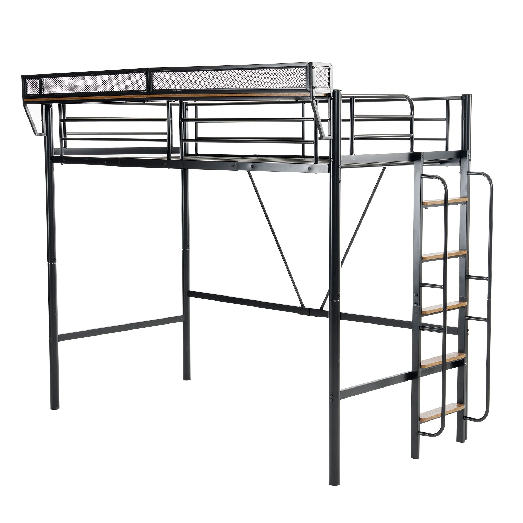 【国内発送&送·料·無·料】【ブラック】システムベット 宮棚　ロフトベッド シングル 手すり付き階段 便利な側面収納 北欧風 大人用　 スチール 耐震-234