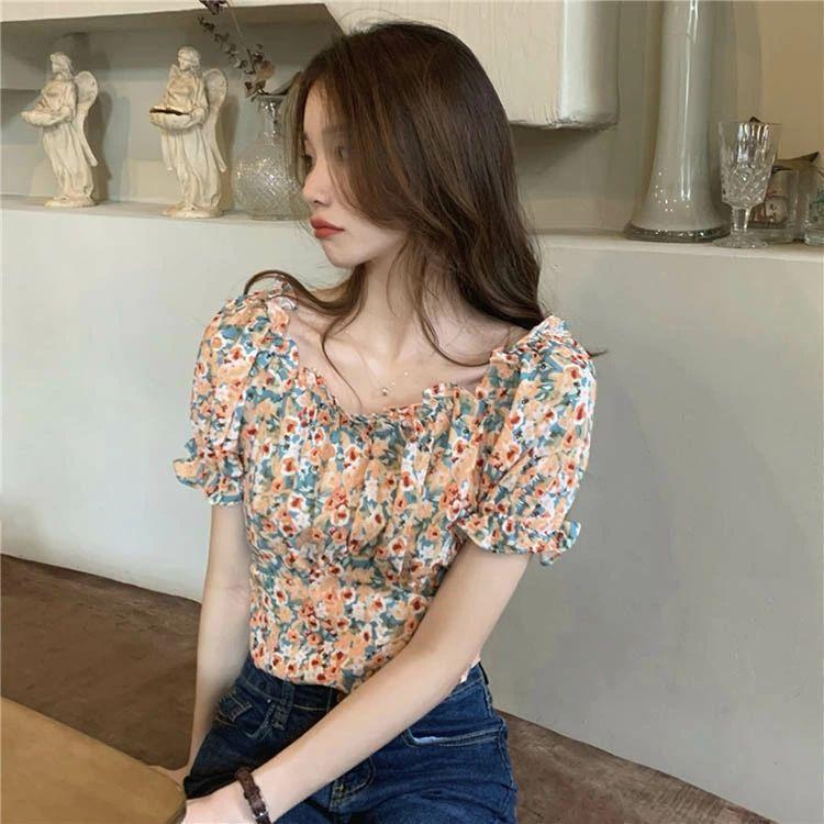 夏新作ブラウス レディース 花柄 トップス ぽわん袖 ボリュームスリーブ シャツブラウス 薄手 半袖 ボウタイブラウス 大きめリボン きれいめ おしゃれ 30代 40代