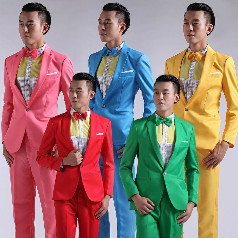 カラフルスート メンズ 上下セット ジャケットパンツ 舞台衣装 ジャズダンス服 男性 おしゃれ ステージ衣装 礼服 二次会 パーティー フォマール衣装 司会者 演出服 5色 S-3L 発表会 イベント