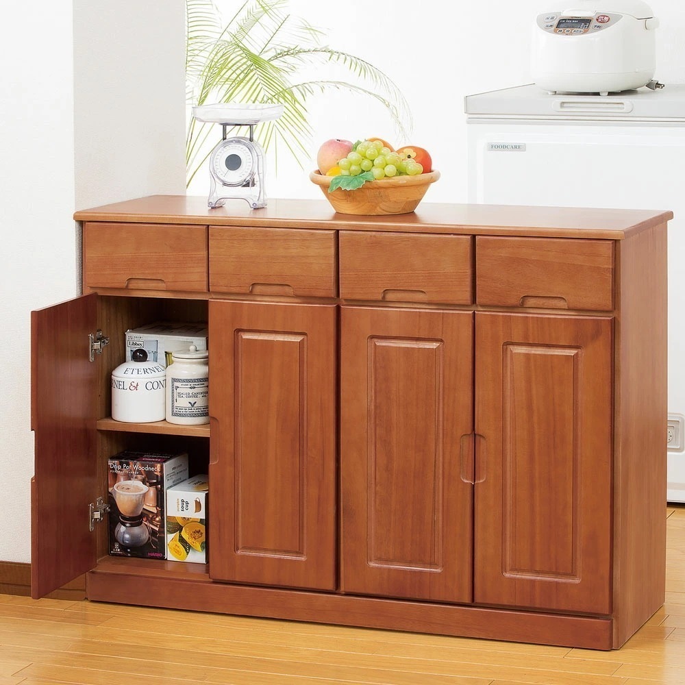 fam+/ファムプラス 天然木 木製 桐製 ワゴン カウンター キッチンワゴン 間仕切り 4枚扉 隠しキャスター付き キッチンカウンターワゴン