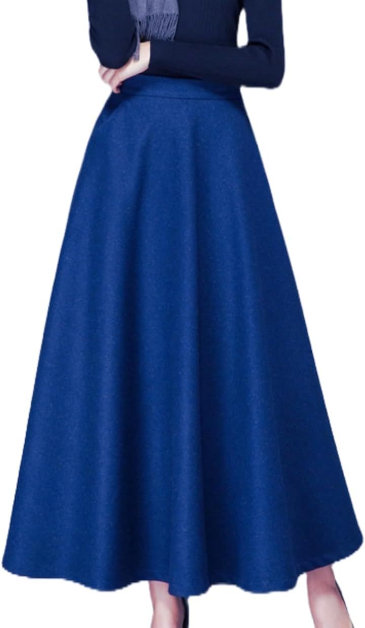 スカート ロング レディース 厚手 フレア ハイウエスト マキシ丈 Aライン 秋 冬 春 (ブルー, M)
