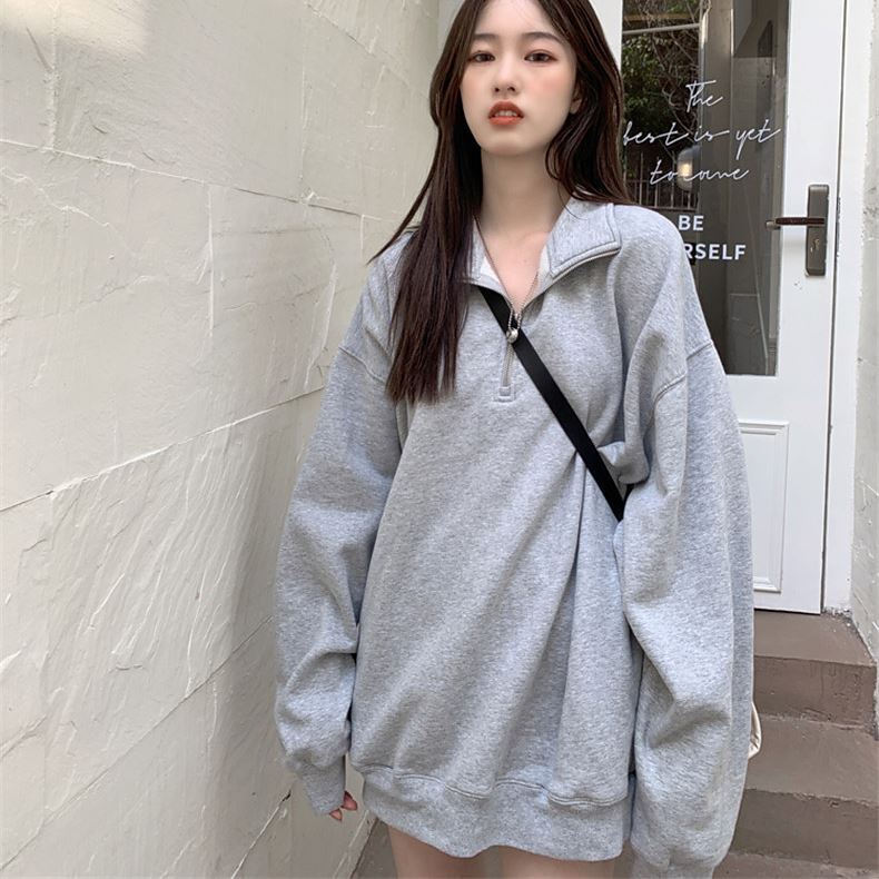 トップス レディース プルオーバー トレーナー スウェット 長袖 ハーフジップ ボリューム袖 ロングスリーブ 無地 ベーシック トレンド ゆったり ビッグシルエット 大きいサイズ オーバーサイズ