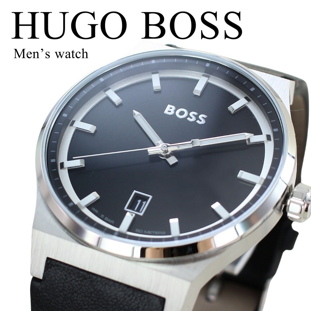 ヒューゴ ボス 腕時計 メンズ 父の日 シンプル ビジネスデザイン ブラックレザー 日付表示 クオーツ HUGO BOSS 時計 ギフト プレゼント用 おしゃれ 高級感 かっこいい シンプル 仕事用