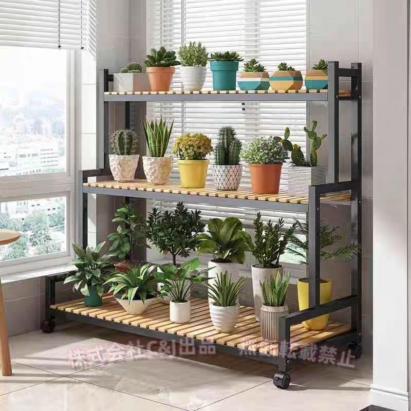 フラワースタンド キャスター付きC&J（株)炭素鋼ラック 屋外/室内 ガーデンラック 観葉植物 台 植木鉢台 棚 花台 ガーデニング 省スペー