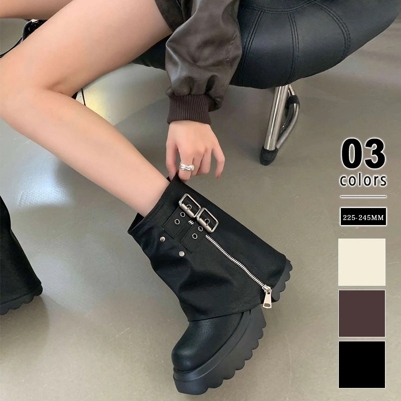 ショートブーツ 厚底 ブーツ ショート カバーブーツ トラックソール レディース 靴 厚底ブーツ ベルトブーツ ファスナー サイドジップ 靴 ゆったり ベルト付き 疲れない おしゃれ ヒー