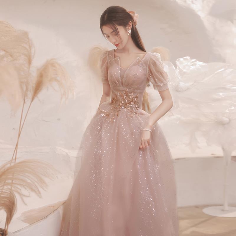 バンケットイブニングドレス2024夏ピンク妖精気質シスターフッドブライズメイドドレスホストアート試験ドレス