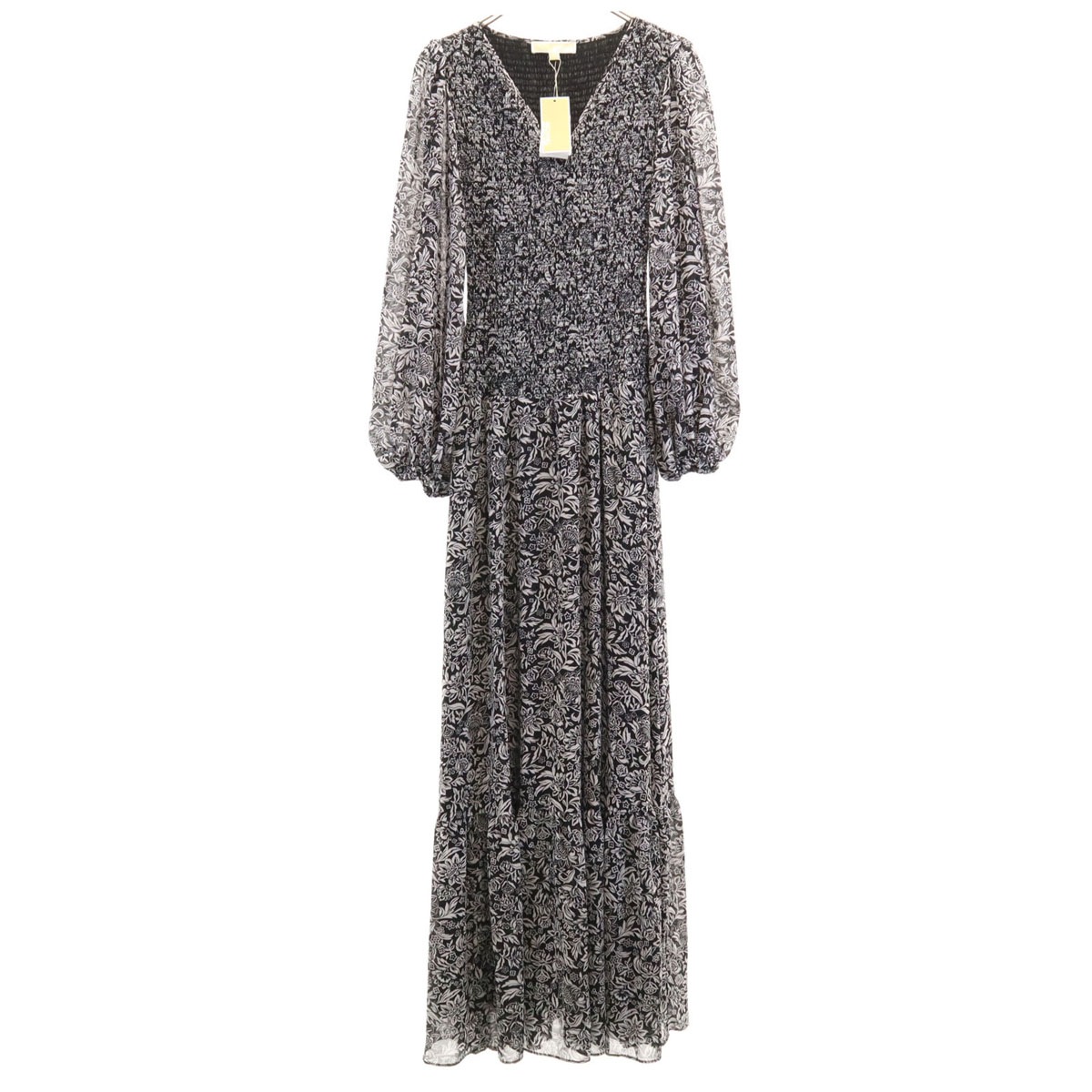 未使用 MICHAEL MICHAEL KORS マイケルマイケルコース 花柄 長袖 シアースリーブ ロングワンピース XS ブラック シースルー レディース 古着