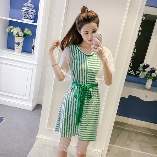 1379 . ストライプシースルーミニワンピース（グリーン）2019 春夏 sale カジュアル 女子会 ランチ 通学 普段使い