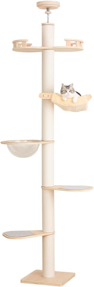 PETTIFUL キャットタワー 突っ張り 木製 大型猫 コットン紐 スリム 木登り 多頭飼い キャットツリー シニア 据え置き 太い支柱 猫タワー 中型 猫キャットタワー おしゃれ コンパクト