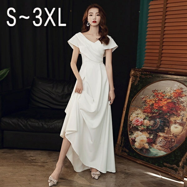 ロングドレス 演奏会 白 ホワイト ドレス パーティードレス 大きいサイズ ピアノ 発表会 袖あり 袖付き ウェディングドレス Vネック Aライン 上品 ワンピース 二次会 花嫁 結婚式 母親 ドレス