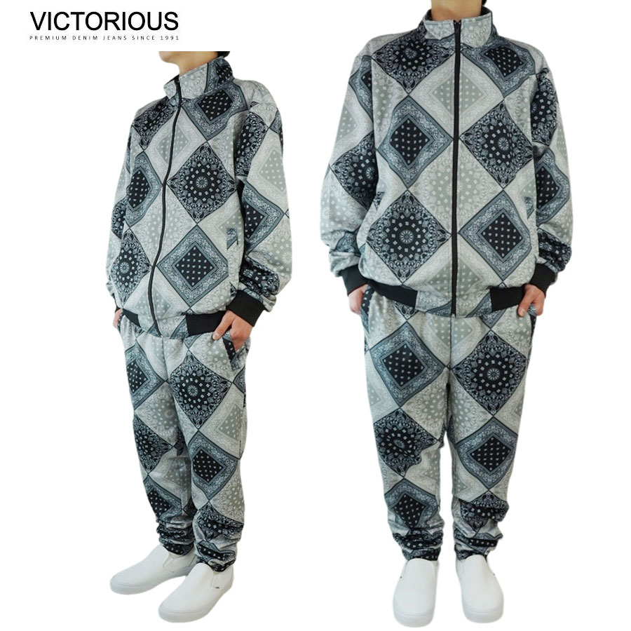 ビクトリアス VICTORIOUSメンズ セットアップST867 ペイズリーセットアップジャージ パッチワーク風PAISLEY SET UP ブラック グレー黒