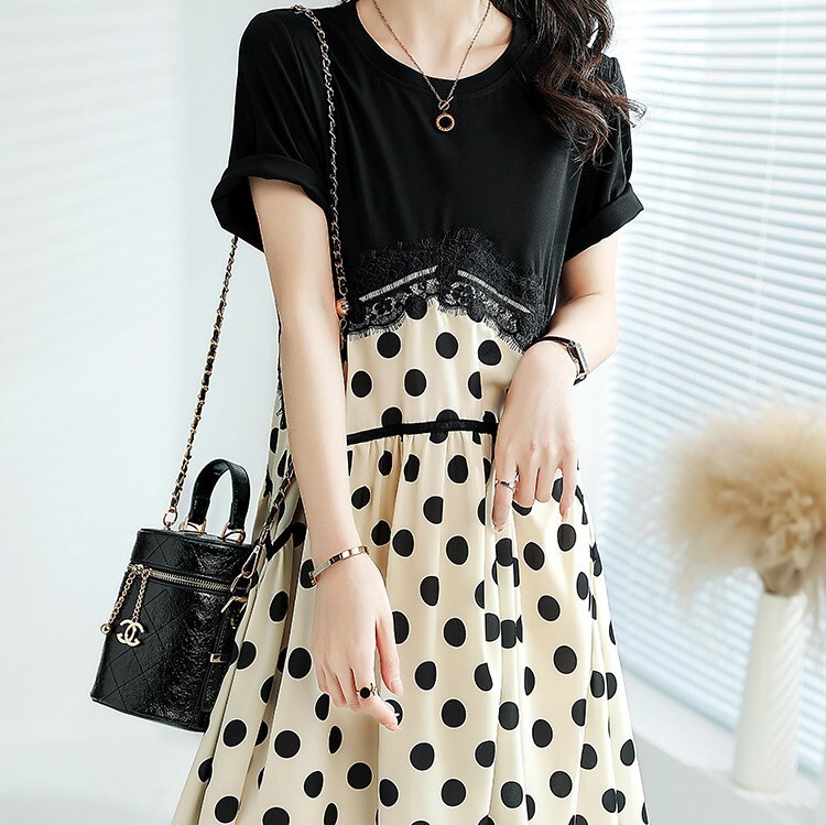 ワンピース レディース ミモレ ミモレ丈 半袖 S M L XL 2XL 韓国 ラウンドネック レース 水玉 ドット かわいい 大人可愛い きれいめ 上品 エレガント フェミニン おしゃれ お洒落