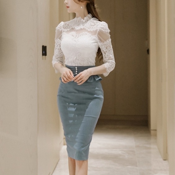 セットアップ レディース トップス S M L 韓国 ボトムス デニム風 タイトスカート ホワイトレース レース シャツ 2点セット 上下セット スカート タイト スリム ハイウエスト ハイネック