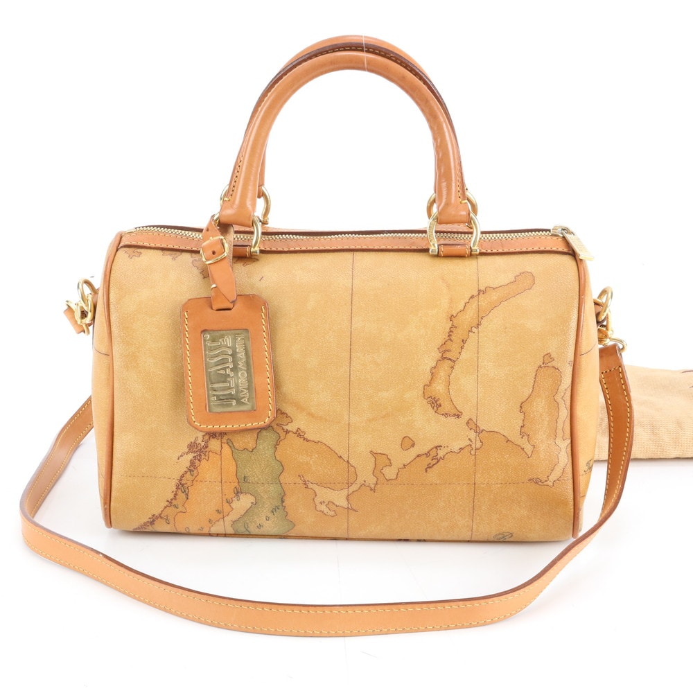 美品 ミニ ボストン 地図柄 レザー×コーティングキャンバス 2WAY ショルダーバッグ 斜め掛け ハンド トート 本革 ブラウン 茶色 レディース REM DM26-10 中古