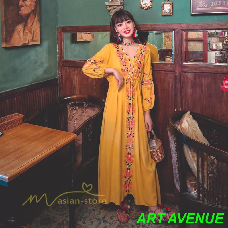 ワンピース レディース 40代 春秋 キレイめ マキシ丈ワンピース 綿麻 リネンワンピ Vネック 刺繍 リボン付き カジュアル ルームウェア デート アウター 着痩せ