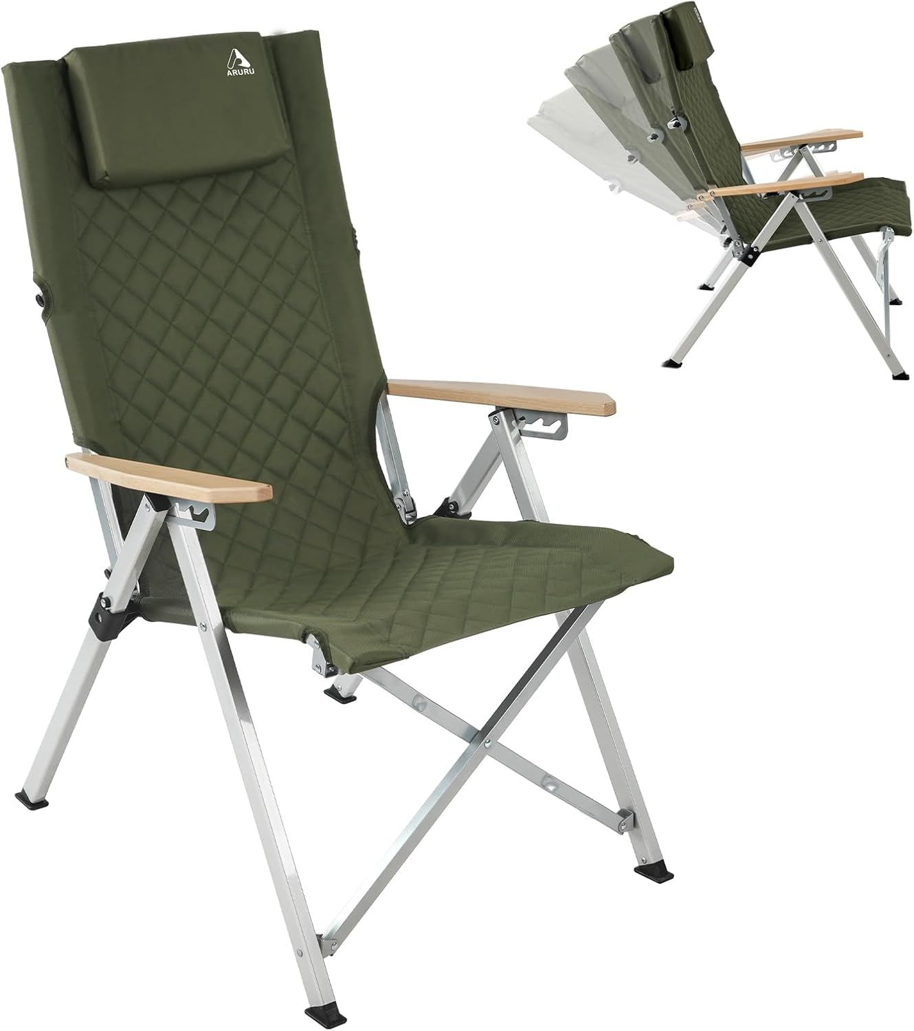 キャンプ用リクライニングチェアヘッドレスト付き4段階傾斜ハイバック椅子コンパクトに折りたたみ可能なアウトドアチェアそして便利な収納袋付き(オリーブ緑)