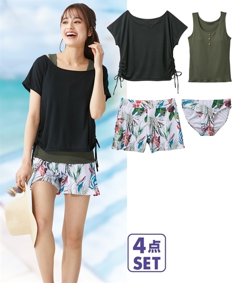 ワンピース水着 リブ無地タンク×花柄ボトム水着4点セット 6,922円