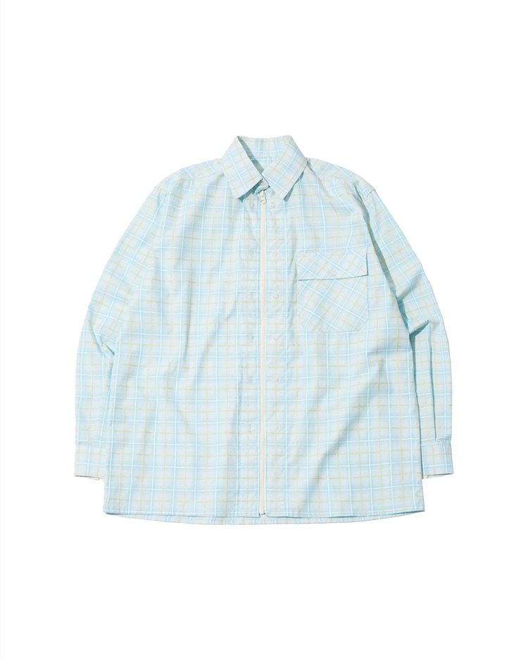 【THE MUSEUM VISITOR】 ZIP-UP CHECK SHIRT : SKY BLUE