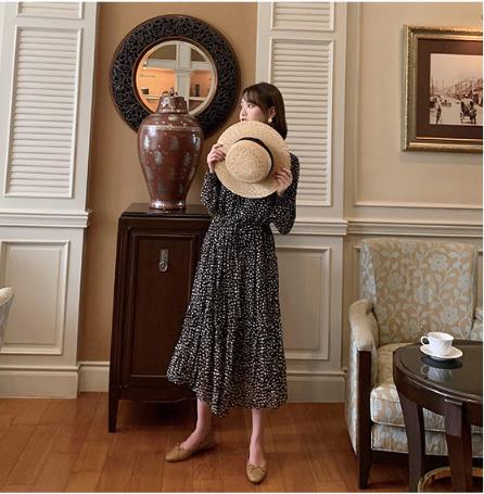 レディース ワンピース 膝丈ワンピース シフォンドレス ゆったり 長袖 おしゃれ レースロングスカート 春 秋 2469