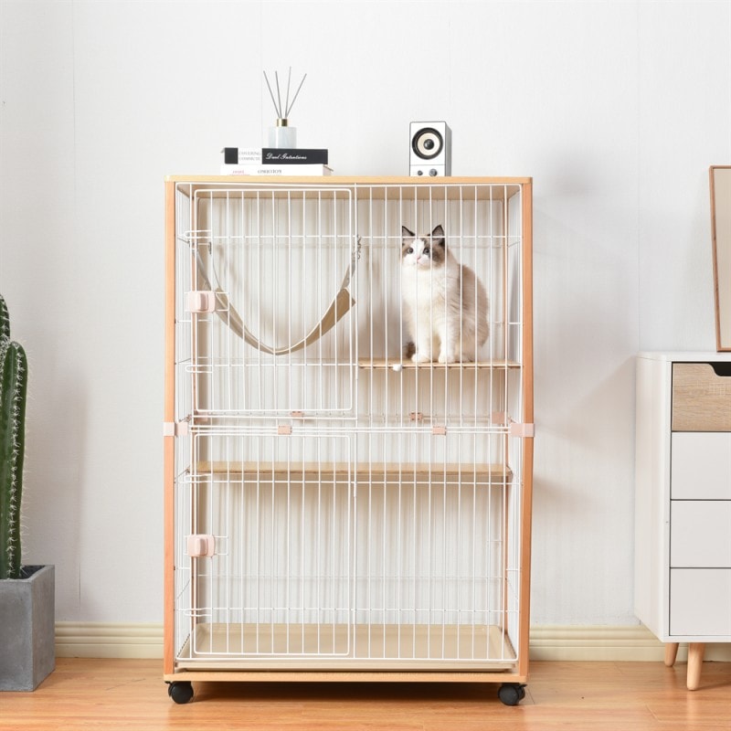 キャットケージ 猫 ケージ 2段 ハンモック付 1段2段可能 キャスター付き キャットケージ 木製フレーム 猫ドア付き キャットハウス ネコ ハウス 多頭飼い