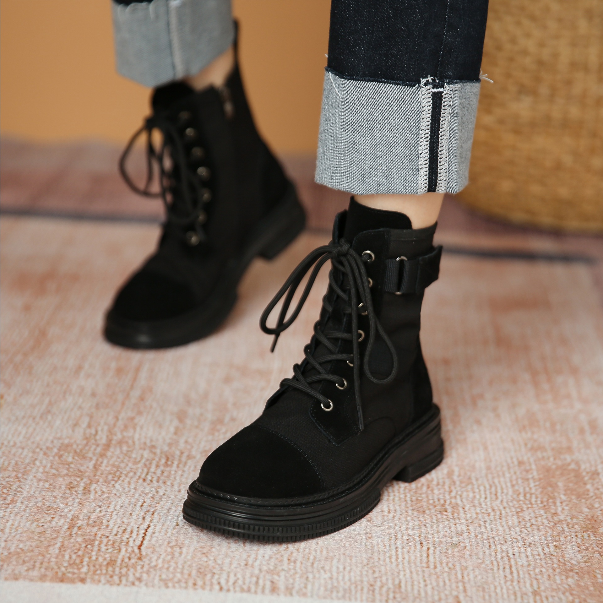 加工 Jh789-1 バイクシューズ ブーツ レディース 厚底キャンバス ショートブーツ ネットセレブ サイドジッパー