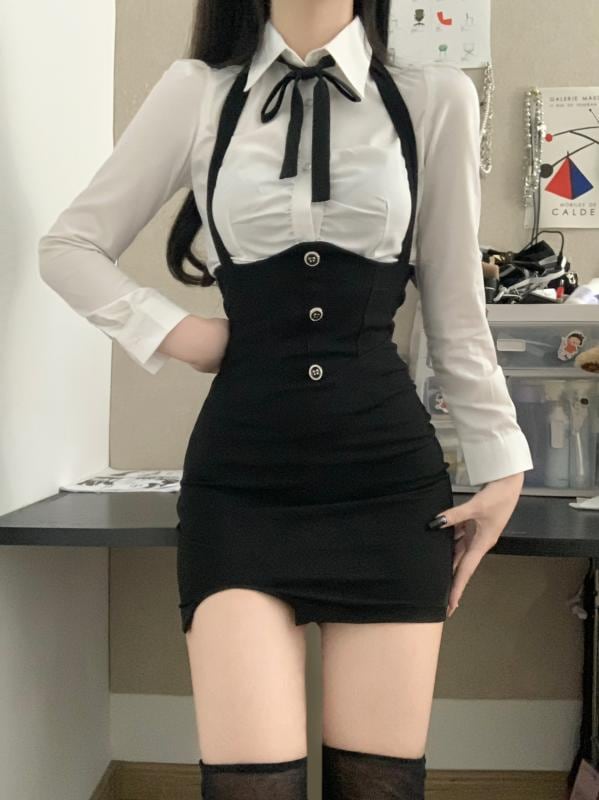 ジャンパースカート 大人 レディース 春秋 ミニ丈 ワンピース ホルターネック ハイウエスト スリム 長袖 シャツ ネクタイ リボン セット セクシー おしゃれ 白 黒 大きいサイズ