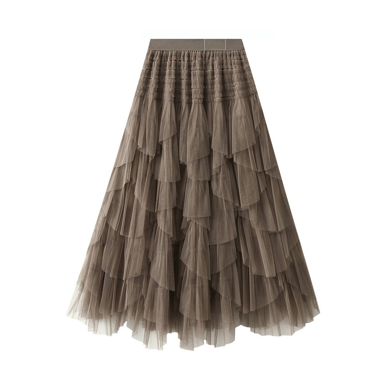 【1つ買うと10つ無料】春と秋の女性のためのメッシュスカート中程度の長さのハイウェイストスカートケーキスカート