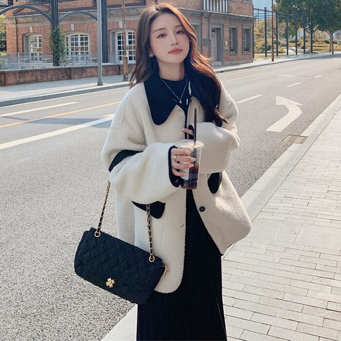 アウター ジャケット コート チェスター ステンカラー ボア 羽織り カーディガン レディース 大人 エレガント 可愛い きれいめ カジュアル フェミニン 長袖 ナチュラル 配色 バイカラー ゆったり