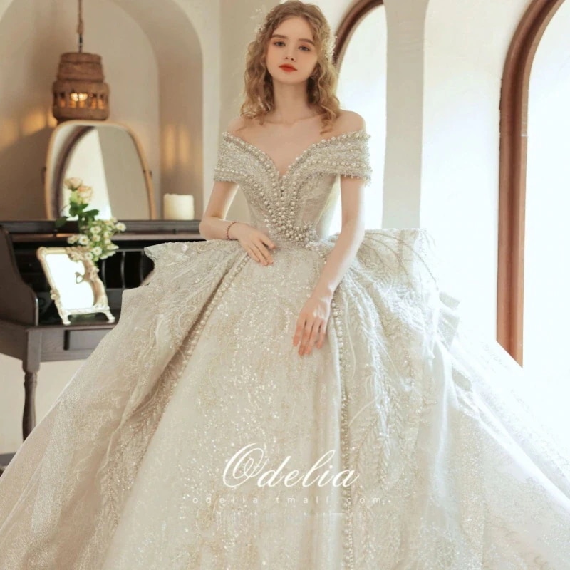 結婚式 「天使のパール光沢」ウェディングドレストレーン付き ワンピース 花嫁 上品高級感ラグジュアリー パーティードレス 演奏会二次会 ウェディング成人式 披露宴 ハンドメイド白 お呼ばれ