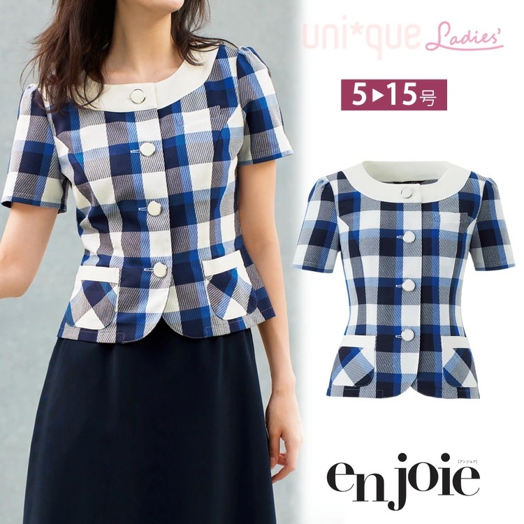 レディース 半袖 春夏 マリン チェック オーバーブラウス シャツ ソフトジャケット オフィス ユニフォーム 制服 通勤 事務服 OL きちんと ジョア 26610 かわいい