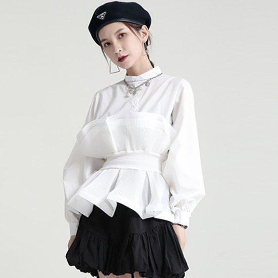 フリルブラウス ペプラム シャツ トップス ビスチェ ウエストマーク ボリューム スタンドカラー 立ち襟 レディース 春 夏 大人 秋 長袖 きれいめ おしゃれ かわいい カジュアル モード シンプル