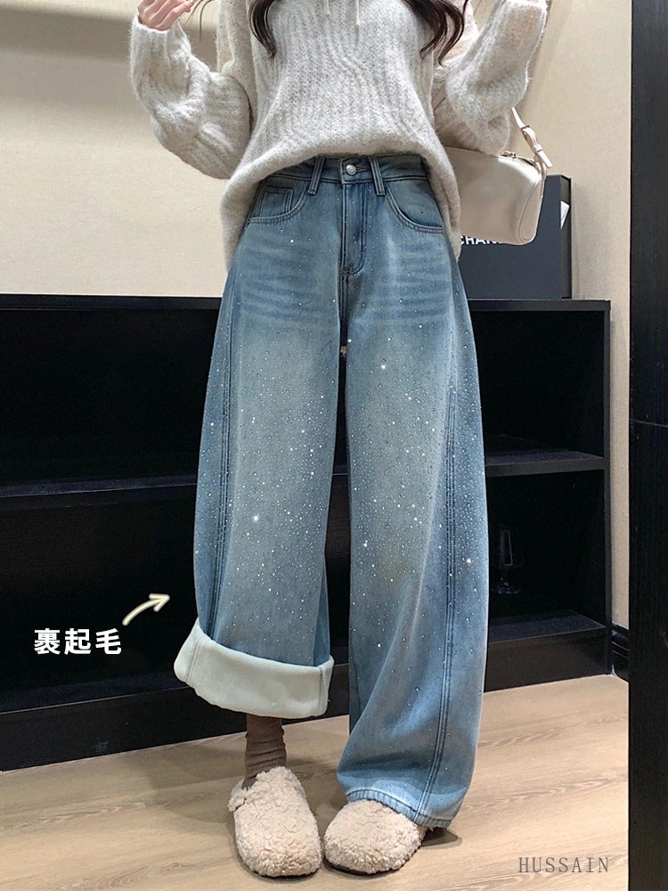 店長おすすめデニムパンツ レディース 裏起毛 ワイドパンツ ラインストーンキラキラ 2026 秋冬 ハイウエスト ジーンズ ジーパン脚長効果厚手 暖かい 防寒 ゆったり 韓国 ファッション おしゃれ