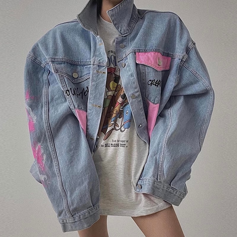 英字ロゴデニムジャケット デニムジャケット 合わせやすい 長袖 スタンドネック プリント 配色 アルファベット デニム デコレーション ジャケット　a5043