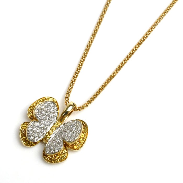 K18YG イエローゴールド バタフライ ネックレス イエローサファイア0.96ct ダイヤモンド0.21ct 9.3g -50cm フリーチェーン レディース 中古